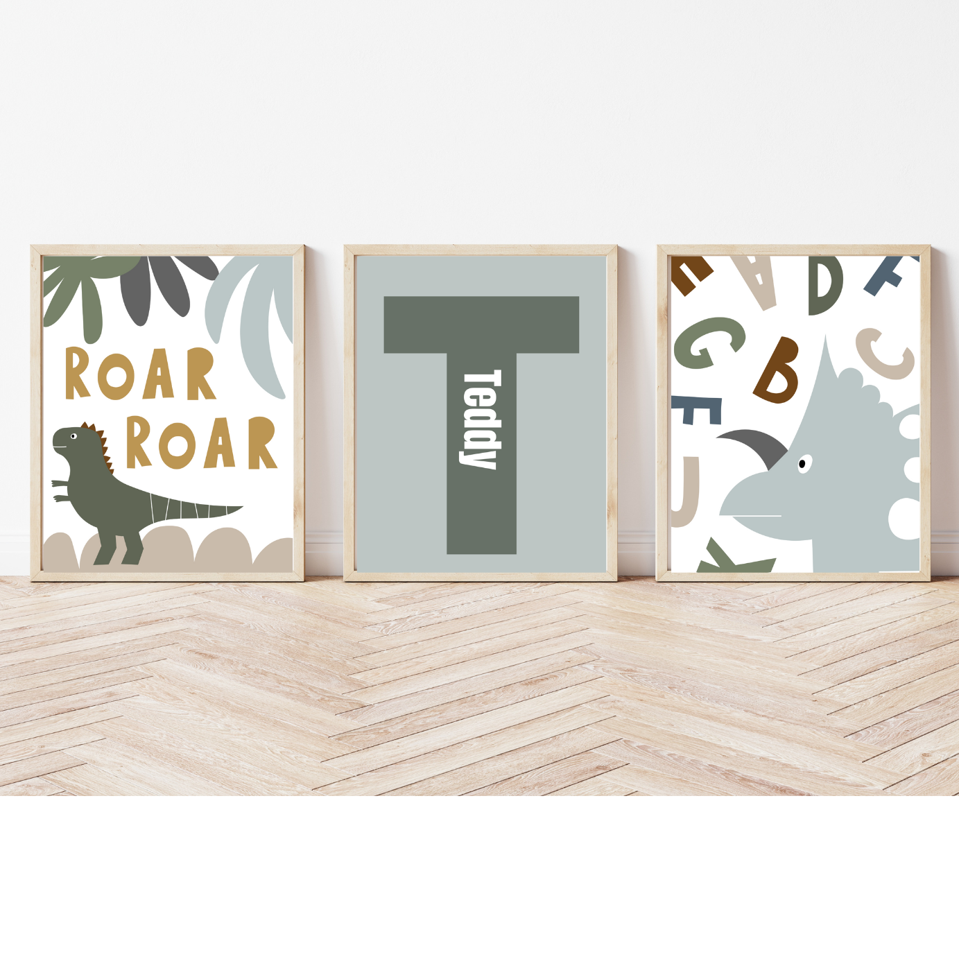 Set of 3 Nursery Wall Art, Personalised Dinosaur Prints, Wall Art Gender Neutral