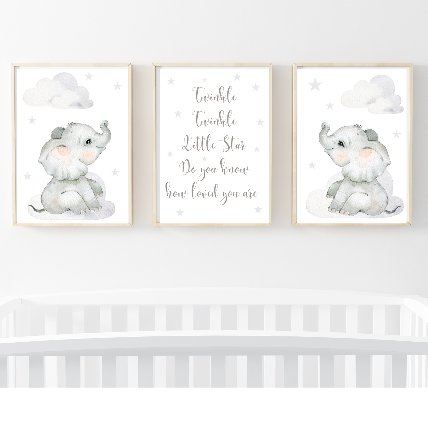 Set of 3 Nursery Wall Art Cute Grey Elephant, Wall Art Gender Neutral