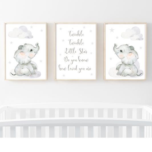 Set of 3 Nursery Wall Art Cute Grey Elephant, Wall Art Gender Neutral