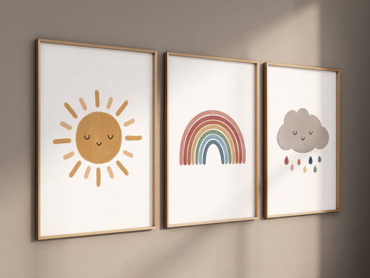 Set of 3 Nursery Wall Art Sun Rainbow Cloud  Watercolour, Wall Art Gender Neutral