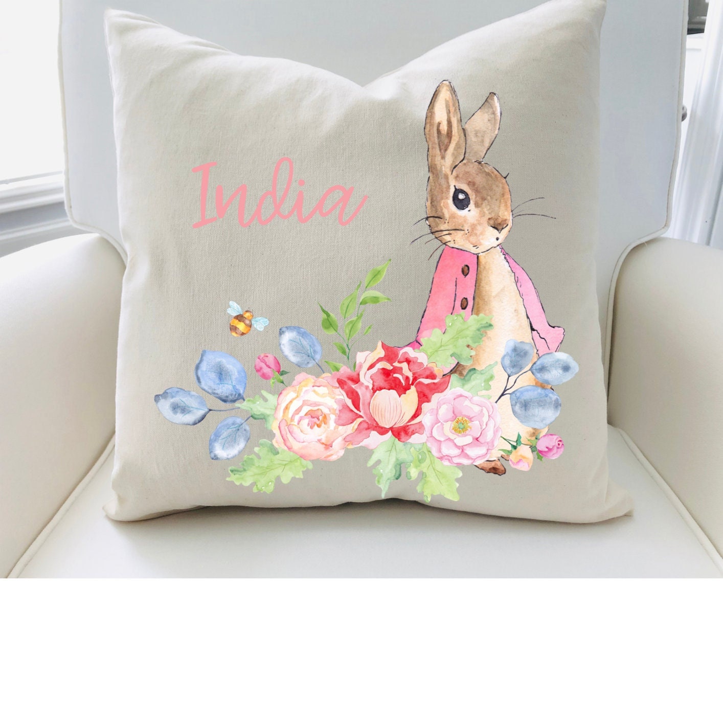 Peter Rabbit Cushion, Girls Nursery Cushion,Girls Nursery Decor,Baby Girl Gifts ,New Baby Girl Gifts, Nursery Decor, Girls Nursery Cushion