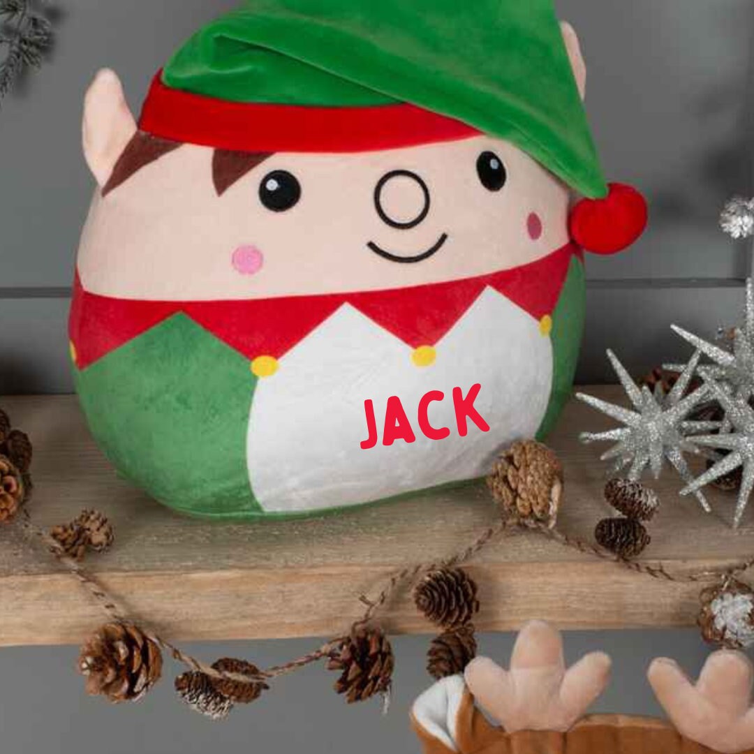 Personalised squishy teddy, Festive elf toy, Custom named reindeer, Stocking filler, Christmas eve gift, Xmas present, Santa sack