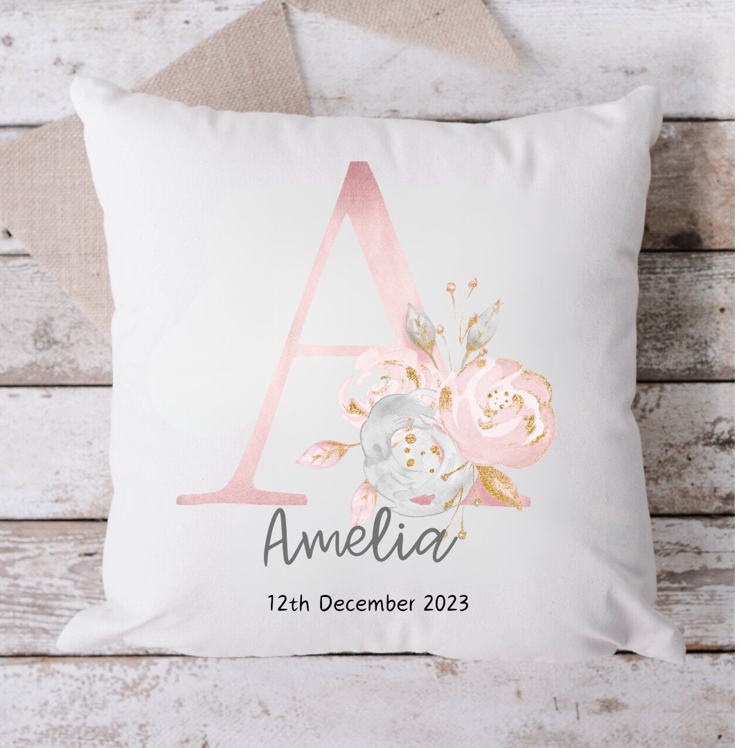 Personalised New Baby Cushion , Floral Nursery Cushion , Personalised Girl's Cushion , Baby Girl Cushion , Personalised Baby Girl Gift