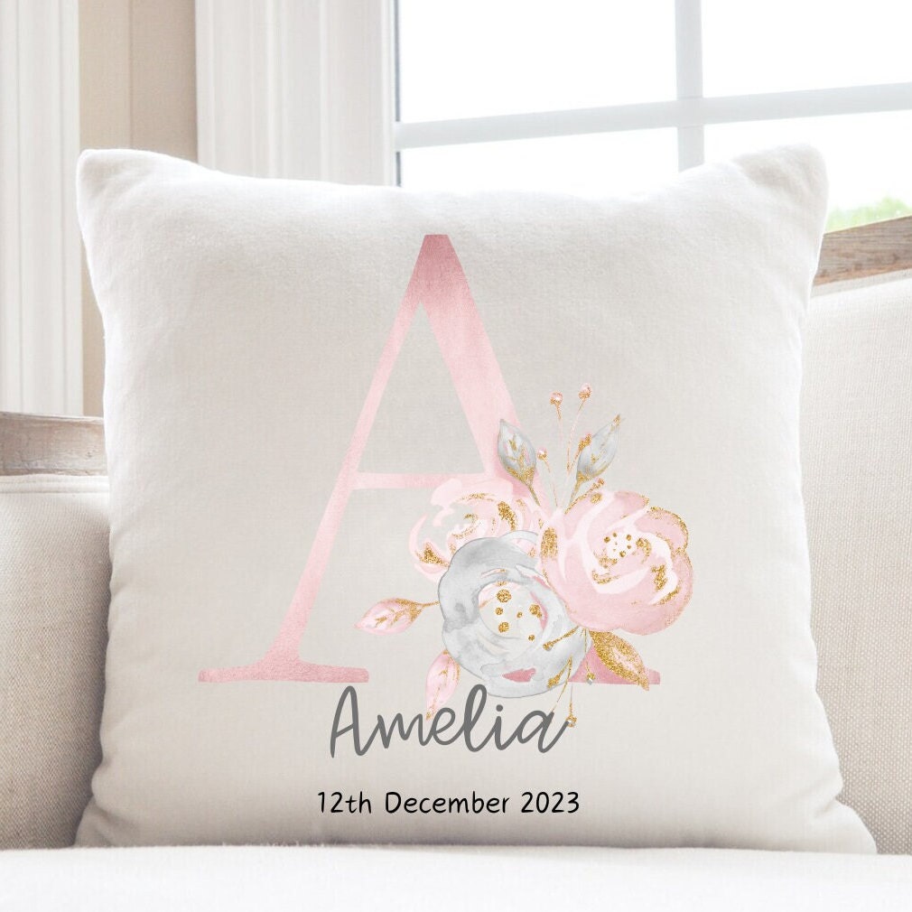 Personalised New Baby Cushion , Floral Nursery Cushion , Personalised Girl's Cushion , Baby Girl Cushion , Personalised Baby Girl Gift